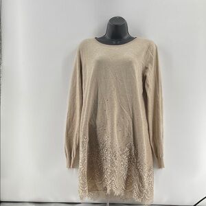 12.26.25 Romantic Fleur de Lis Beige Long Sleeve Sweater with Lace & Sequins(XL)